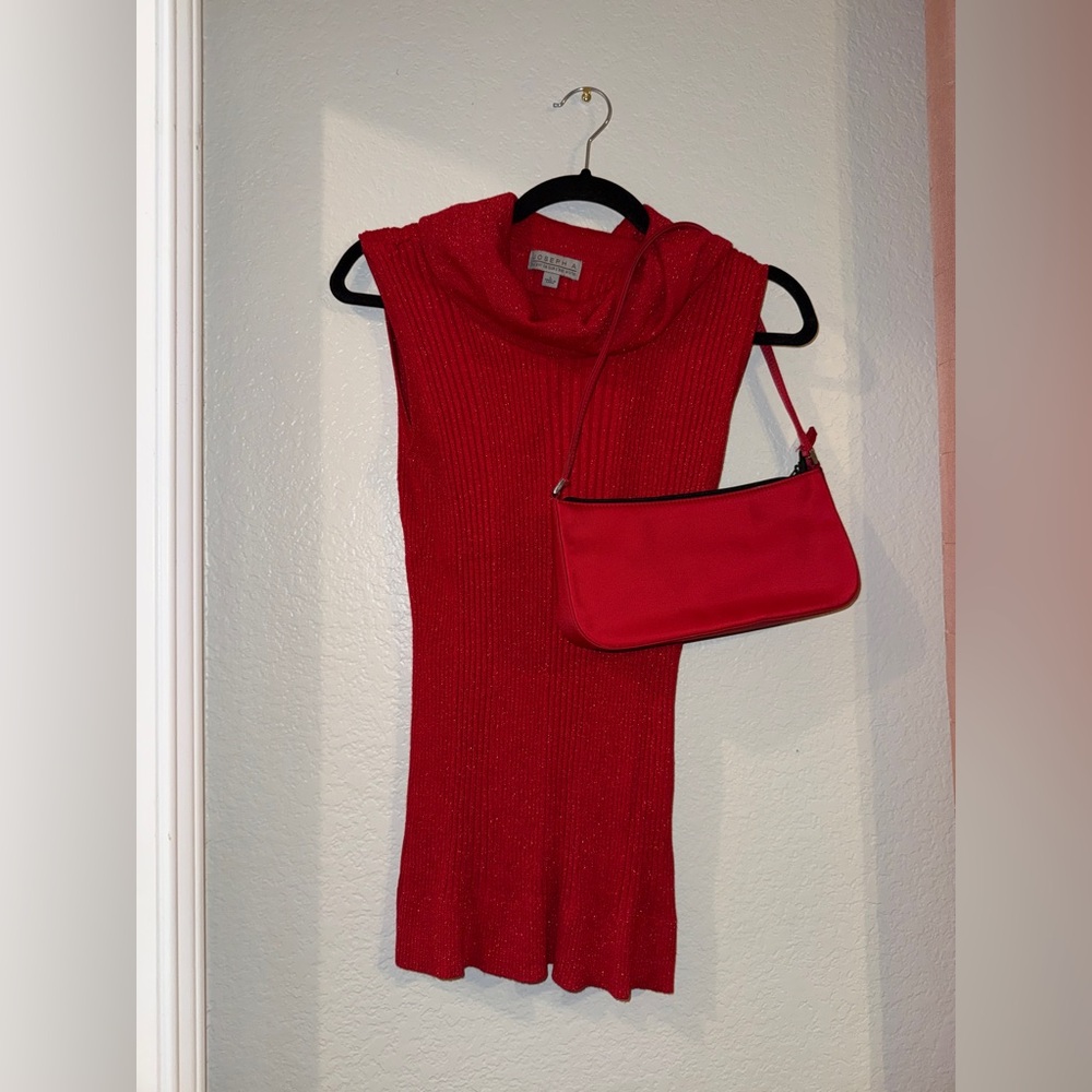 Y2K Red Ribbed Sleeveless Turtleneck Top + Red Baguette Mini Shoulder Bag Bundle